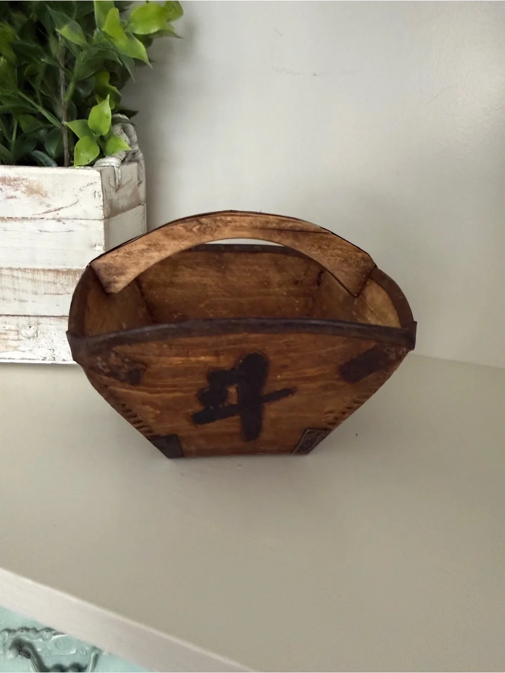 Antique Chinese Wooden Rice Measure Basket Primitive Grain Bucket Iron Bound